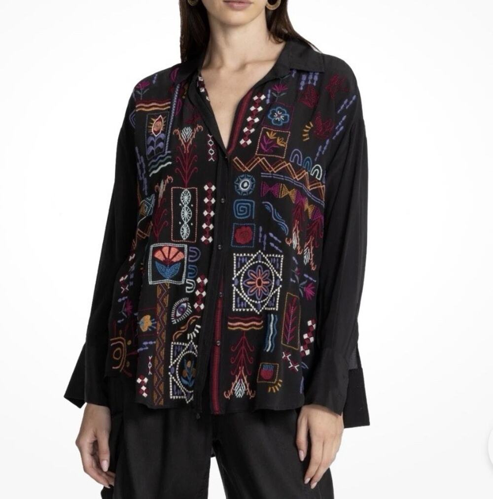 JOHNNY WAS Workshop Black Campo Relaxed Oversized Shirt Size XS Embroidered